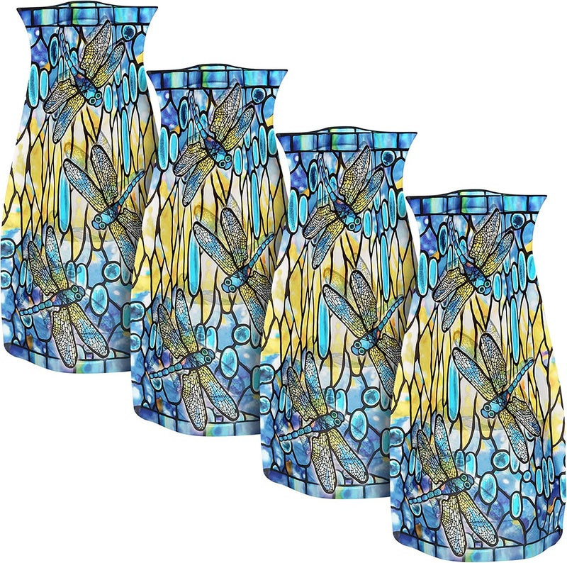 MODGY Expandable Flower Vase Plastic Decorative Modern Foldable Printed Vases for Centerpieces for Wedding Dining Table Home Decor Living Room Bathroom Dragonfly Louis C Tiffany 4 Pack
