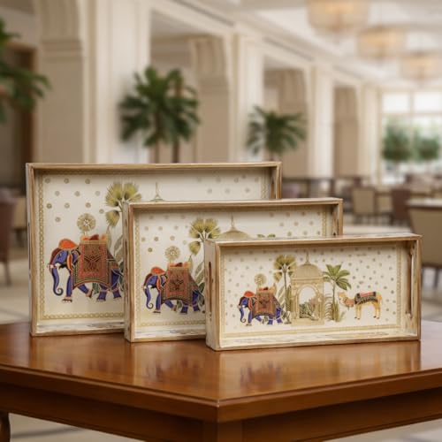 Amimashop® Wooden Serving Tray Set of 3 with Handles | Rectangular Decorative Serving Trays | Waterproof | Large Tea & Coffee Serving Tray Set for Dining Table, Kitchen & Home Decor | 16", 14", 12" - Image 1
