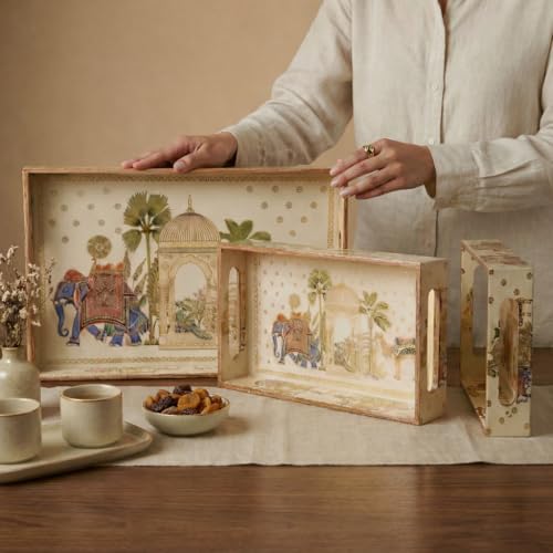 Amimashop® Wooden Serving Tray Set of 3 with Handles | Rectangular Decorative Serving Trays | Waterproof | Large Tea & Coffee Serving Tray Set for Dining Table, Kitchen & Home Decor | 16", 14", 12" - Image 4