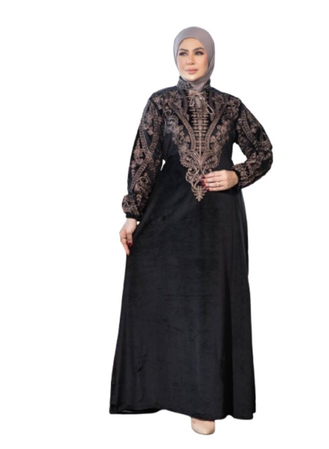 Women's embroidered winter velvet abaya – soft Heidi fabric for receiving guests and going out – wide and comfortable design - Image 1