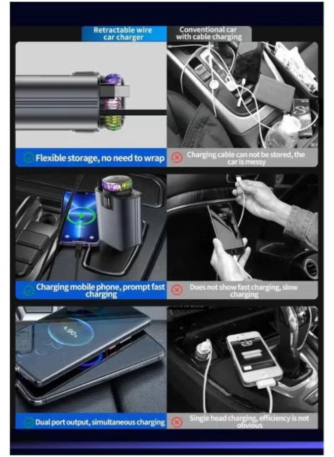 تايجر 120W A5 5-in-1 Retractable Car Charger with Starlight Ambient Light & Built-in Air Freshener – PD 30W Fast Charging for iPhone 16/15/14/13/12/11 & Android – USB-C, QC3.0 & Multi-Port Car Adapter – Fireproof PC Shell – Universal Car Accessory for Travel, Taxi & Daily Commute  - Image 3