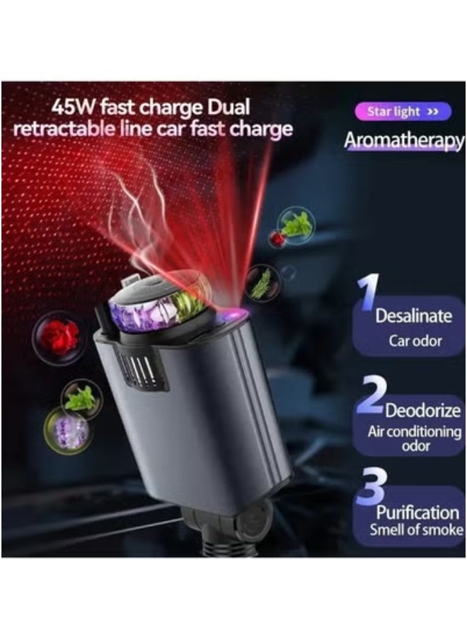 تايجر 120W A5 5-in-1 Retractable Car Charger with Starlight Ambient Light & Built-in Air Freshener – PD 30W Fast Charging for iPhone 16/15/14/13/12/11 & Android – USB-C, QC3.0 & Multi-Port Car Adapter – Fireproof PC Shell – Universal Car Accessory for Travel, Taxi & Daily Commute  - Image 4