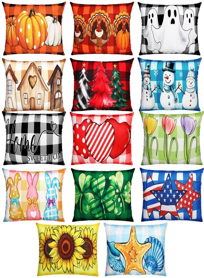 Mindsoft 14 Pcs Seasonal Holiday Pillow Cover 12 x 20 Inch Rectangle Throw Pillow Covers Ocean Sunflower Farmhouse Independence Day Decorative Lumbar Pillowcase for Home Office Sofa Decoration - Image 1