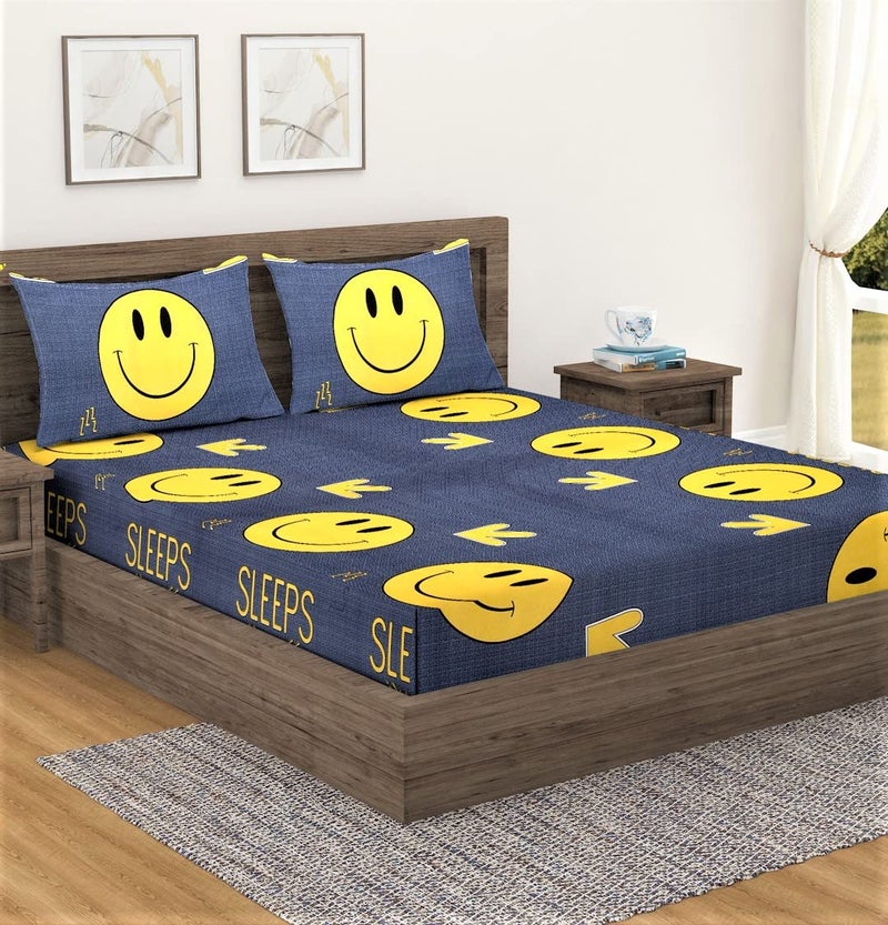 Fashion String 144 TC Microfibre Yellow Smiley Double Bedsheet with 2 Pillow Covers - Image 1