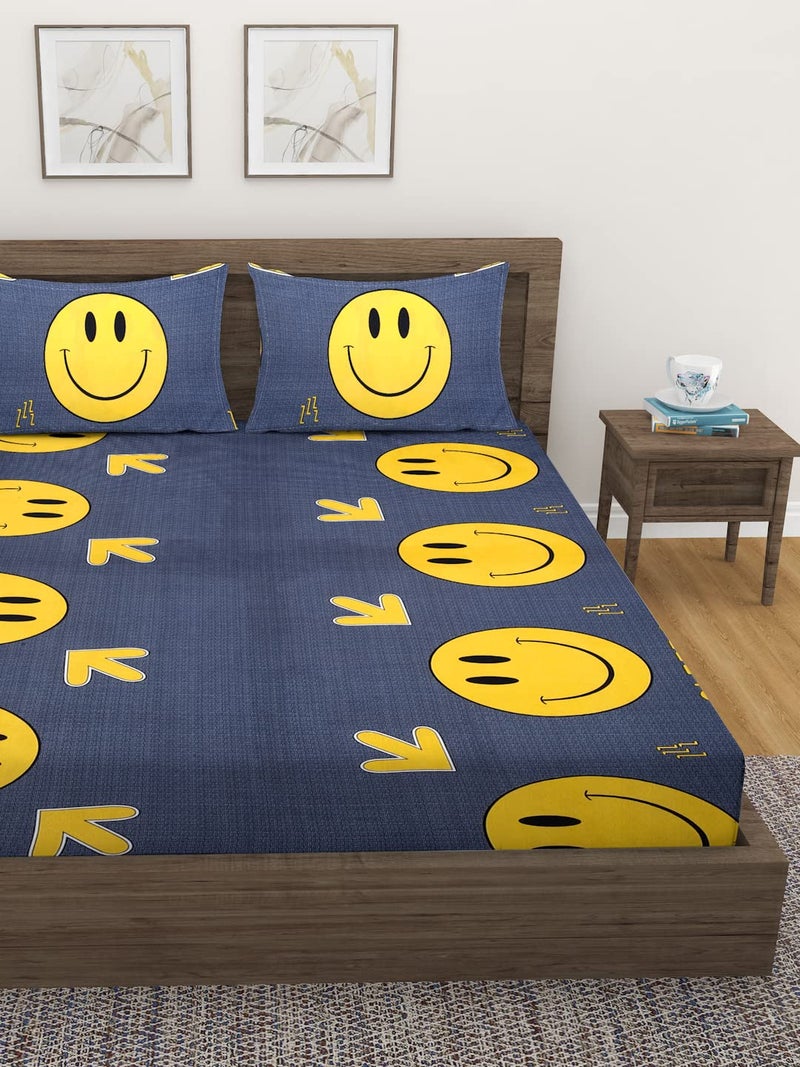 Fashion String 144 TC Microfibre Yellow Smiley Double Bedsheet with 2 Pillow Covers - Image 2