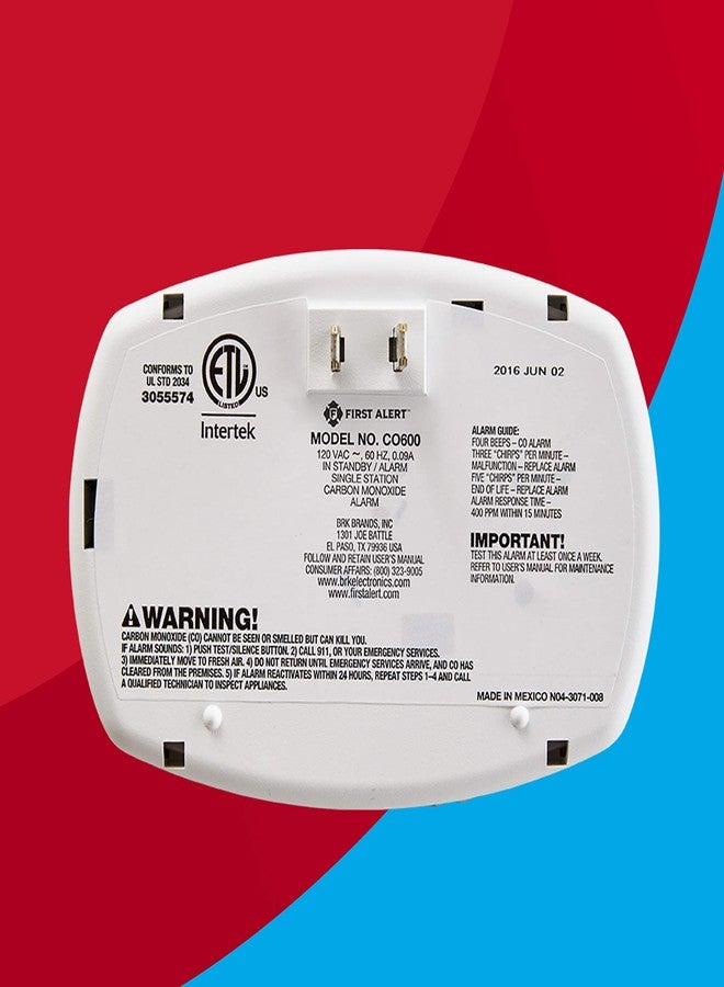 First Alert Carbon Monoxide Detector, Plug-In Alarm with Test & Silence Button, CO600, White, 1-Pack - Image 4