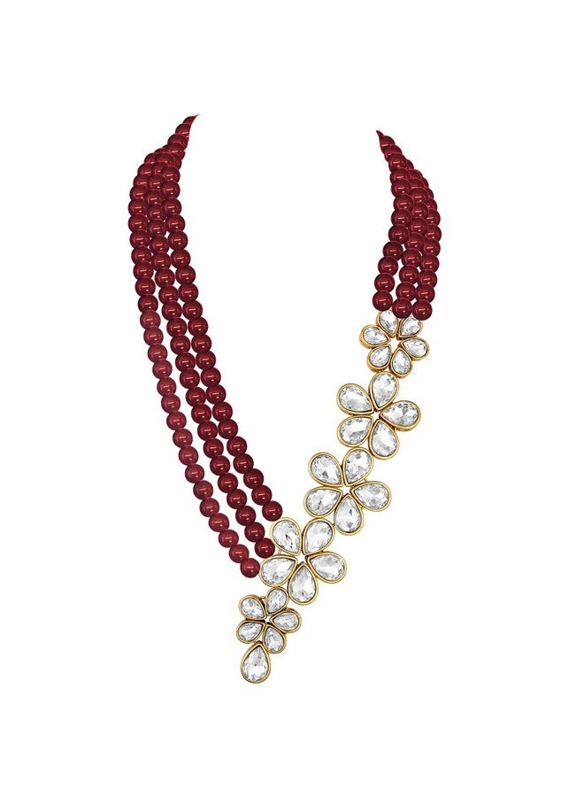 Peora Gold Plated Maroon Floral Crystal Pearl Necklace with Drop Earrings Traditional Ethnic Jewellery Set for Women Girls - Image 5