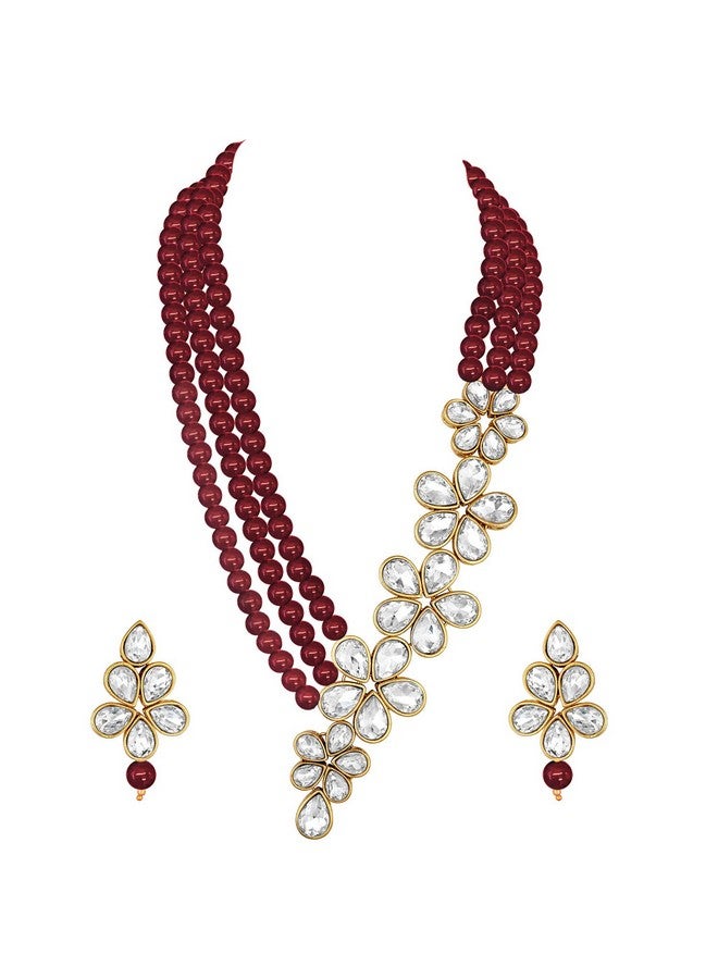 Peora Gold Plated Maroon Floral Crystal Pearl Necklace with Drop Earrings Traditional Ethnic Jewellery Set for Women Girls - Image 1
