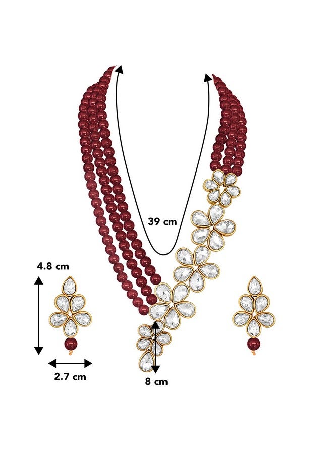 Peora Gold Plated Maroon Floral Crystal Pearl Necklace with Drop Earrings Traditional Ethnic Jewellery Set for Women Girls - Image 4