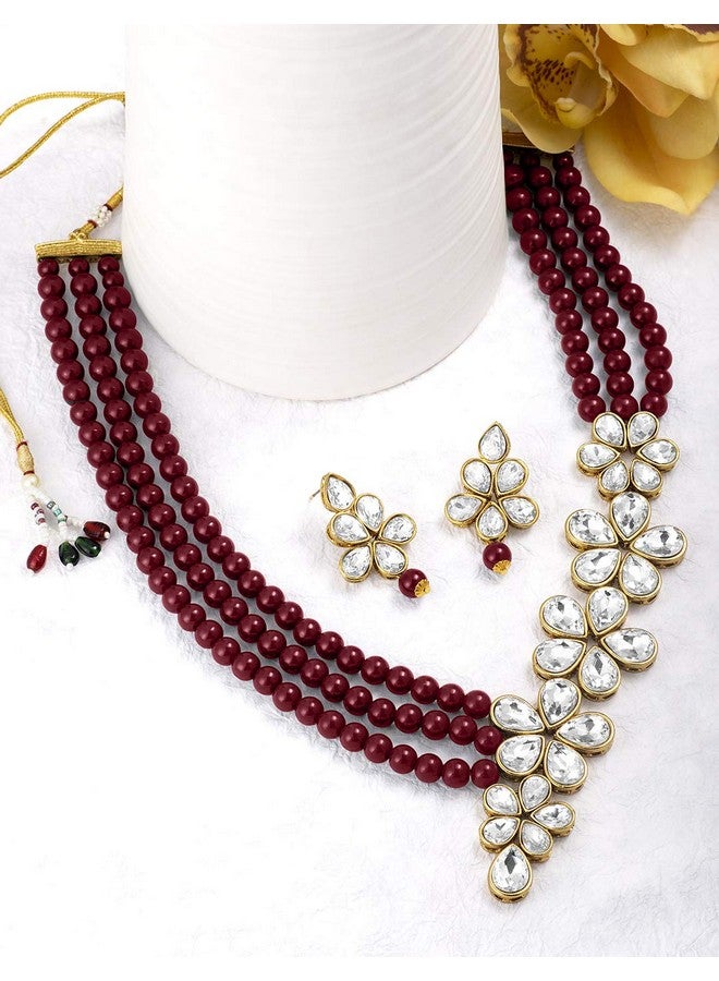 Peora Gold Plated Maroon Floral Crystal Pearl Necklace with Drop Earrings Traditional Ethnic Jewellery Set for Women Girls - Image 3
