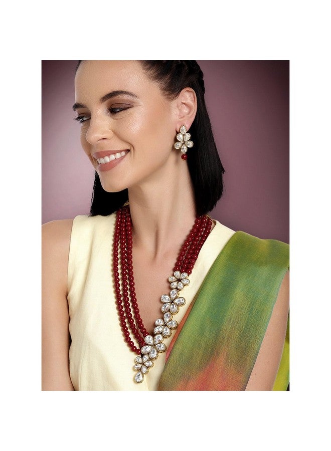 Peora Gold Plated Maroon Floral Crystal Pearl Necklace with Drop Earrings Traditional Ethnic Jewellery Set for Women Girls - Image 2