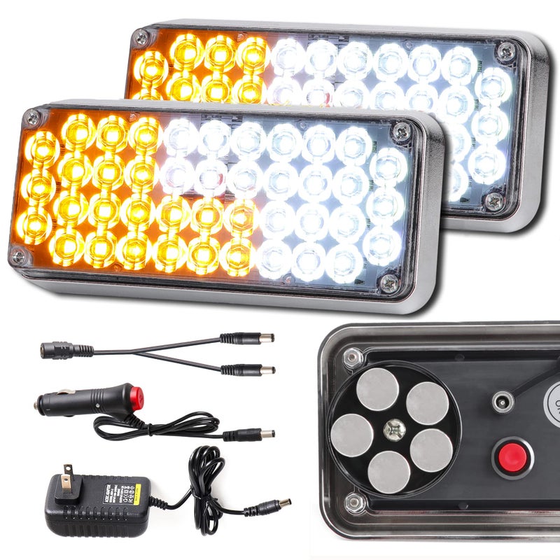 Upgraded 2pcs Magnetic Flashing Hazard Amber White Strobe Lights for Trucks Vehicles Wireless Surface Mount Rechargeable Portable 42 LED Trailer Tow Beacon Warning Overside Road Light 5Patterns