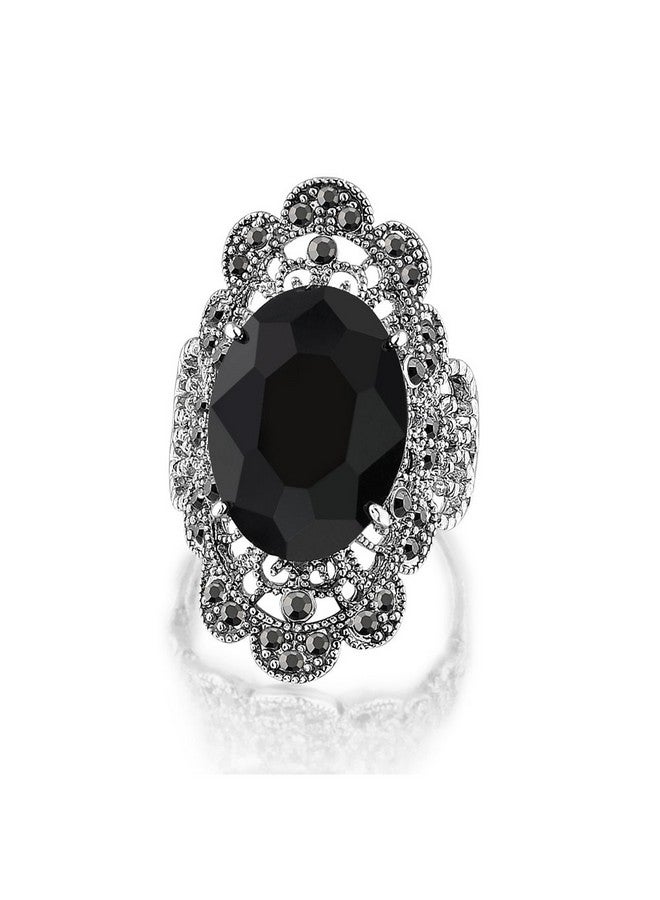Mytys Retro Vintage Cocktail Statement Ring Black Marcasite & Crystal Rings For Women Girls Antique Silver Big Black Onyx Stone Ring Style 4 - Image 1