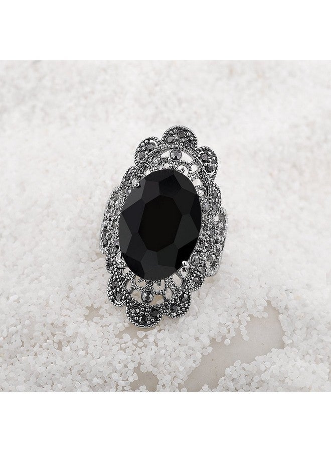 Mytys Retro Vintage Cocktail Statement Ring Black Marcasite & Crystal Rings For Women Girls Antique Silver Big Black Onyx Stone Ring Style 4 - Image 3