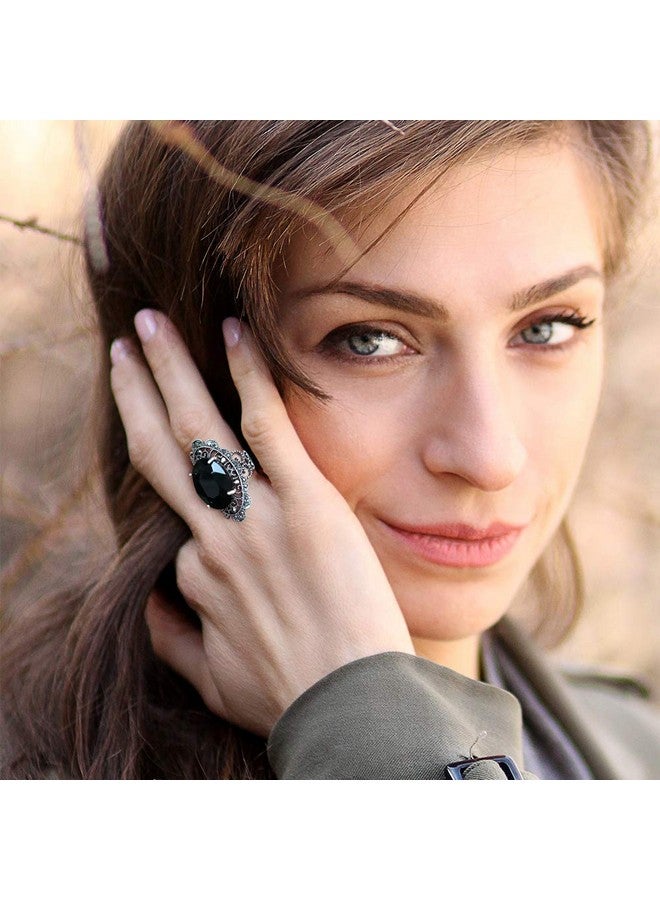 Mytys Retro Vintage Cocktail Statement Ring Black Marcasite & Crystal Rings For Women Girls Antique Silver Big Black Onyx Stone Ring Style 4 - Image 2