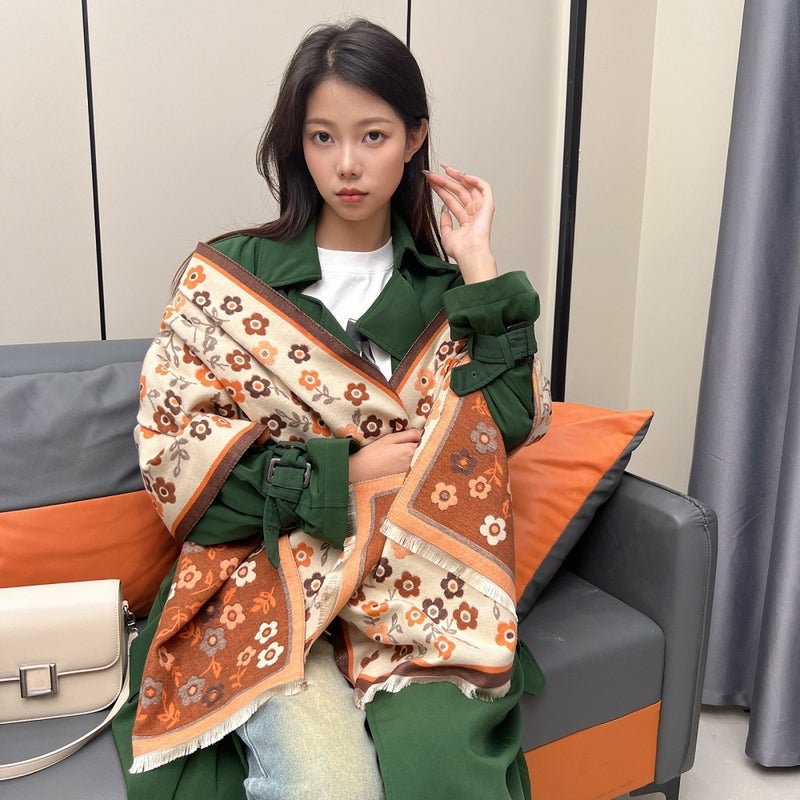 2024 Chic Long Scarf Winter Shawl Elegant Knit Warm floret-orange floret-orange