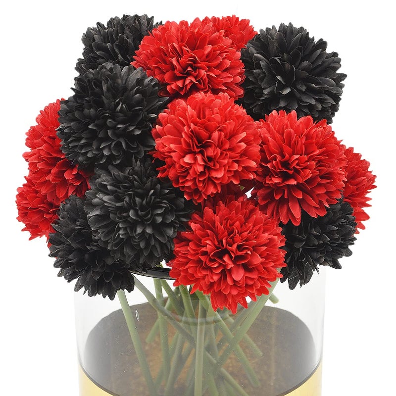Blooming Paradise 20Pcs Artificial Fake Flower Plants Silk Chrysanthemum Ball Hydrangea Arrangements Wedding Bouquets Decor Home Kitchen Garden Party Table Floral Centerpieces DIY RedBlack