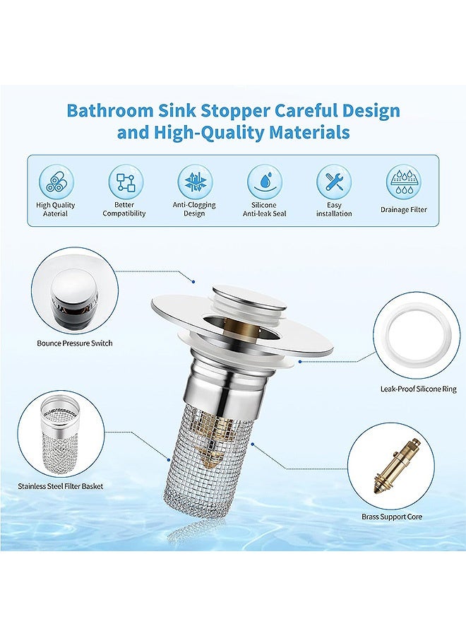 Photon 2 Pcs Universal Pop-Up Sink Stoppers with Hair Catcher, Stainless Steel Bathroom Drain Strainer with Removable Basket, For Basins & Bathtubs - Image 3
