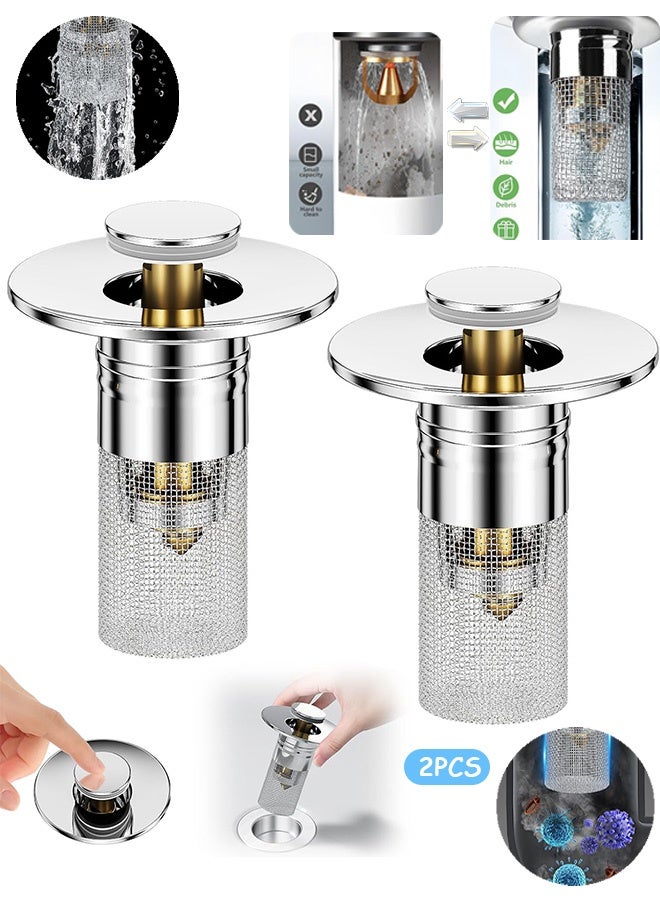 Photon 2 Pcs Universal Pop-Up Sink Stoppers with Hair Catcher, Stainless Steel Bathroom Drain Strainer with Removable Basket, For Basins & Bathtubs - Image 1