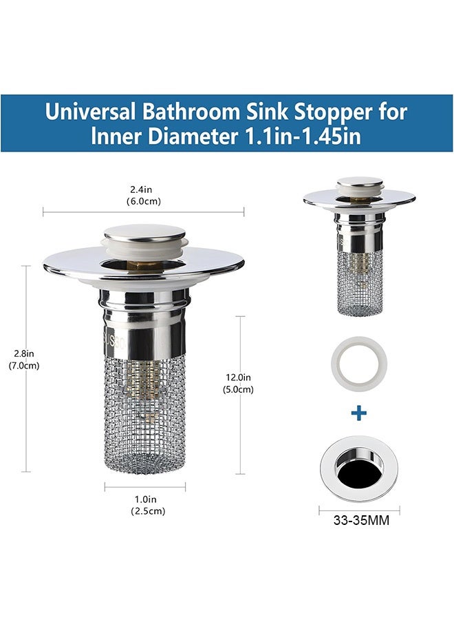 Photon 2 Pcs Universal Pop-Up Sink Stoppers with Hair Catcher, Stainless Steel Bathroom Drain Strainer with Removable Basket, For Basins & Bathtubs - Image 2