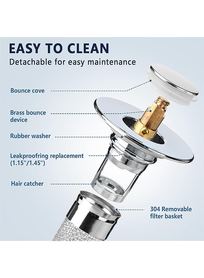 Photon 2 Pcs Universal Pop-Up Sink Stoppers with Hair Catcher, Stainless Steel Bathroom Drain Strainer with Removable Basket, For Basins & Bathtubs - Image 4