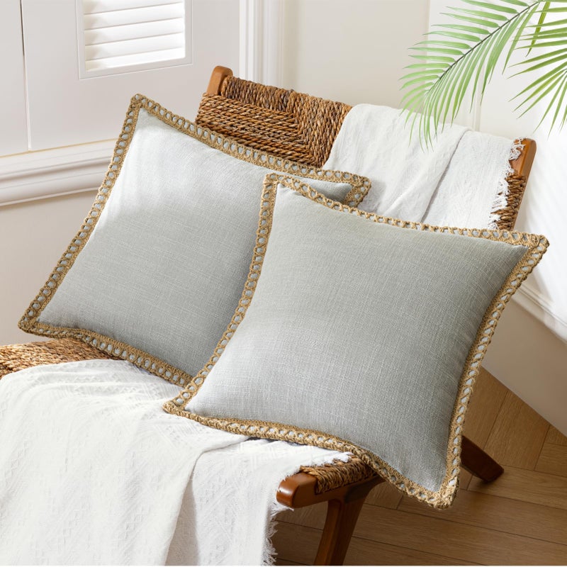 Phantoscope Pack of 2 Farmhouse Decorative Throw Decorative Pillow Cover Burlap Linen Trimmed Tailored Edges, Flax Gray, 18 x 18 inches, 45 x 45 cm - Image 1