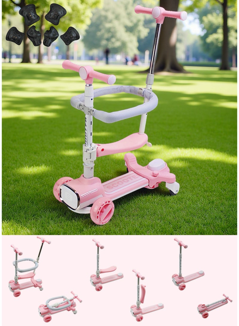 EASY FUTURE Foldable 4-in-1 Kids Scooter with Adjustable Handlebar, Removable Seat & Parent Push Bar, 360° Baby Fence, Three Wheel Toddler Kick Scooter for Boys and Girls 1-12 Years Old Including Protective Gear Set - Image 1