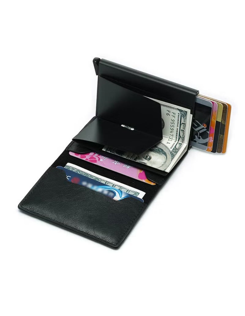 WAOKN Black solid color leather material wallet, with card slot wallet, designed as a double fold wallet, foldable storage wallet, ultra-thin wallet. - Image 2