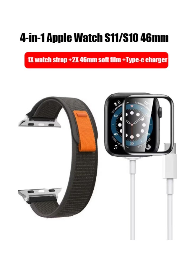 QIRG 4-in-1 Apple Watch S10/S11 46mm set, gapless nylon bracelet and 3D curved soft film +Type-C Watch charger for Apple Watch S11/S10 46mm - Image 1