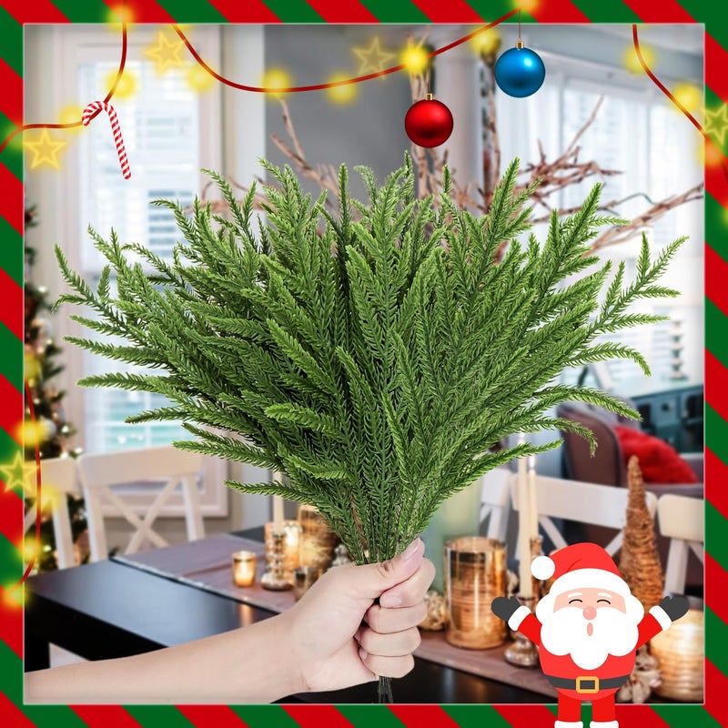 Kunjocy 24Pcs Norfolk Pine Branches Stems 13.5"" Artificial Pine Needles Sprigs Norfolk Pine Garland Accessories Vase Fillers Winter Fake Christmas Tree Picks Greenery Sprays for DIY Wreaths (24  Green) - Image 4