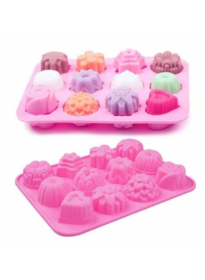 Oligitdi Silicone 12-Cavity Flower Mixed Cupcake Baking Muffin Mould - Pink - Image 1