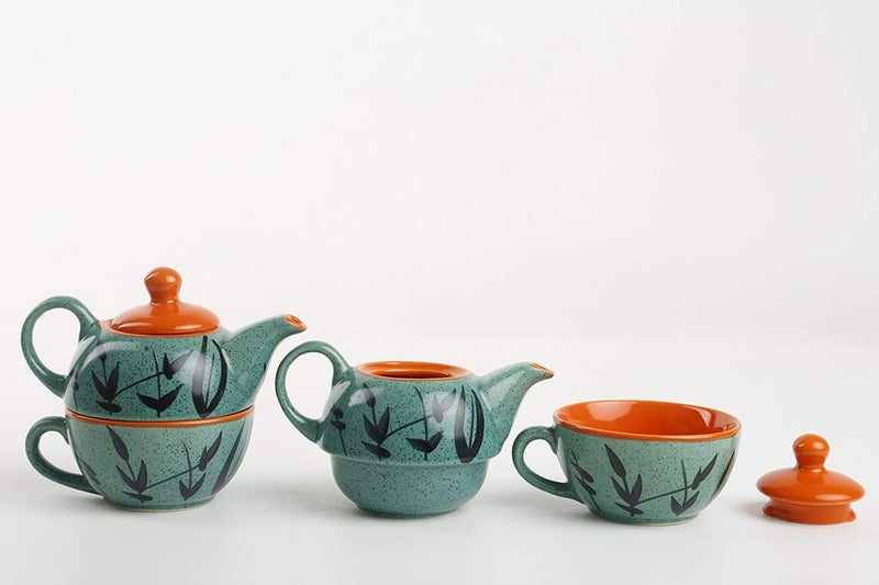 Caffeine Ceramic Handmade Green & Orange Turquoise 2 in1 Tea Set (2 Kettle and 2 Cup) 4 Pieces - Image 1