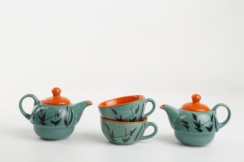 Caffeine Ceramic Handmade Green & Orange Turquoise 2 in1 Tea Set (2 Kettle and 2 Cup) 4 Pieces - Image 2
