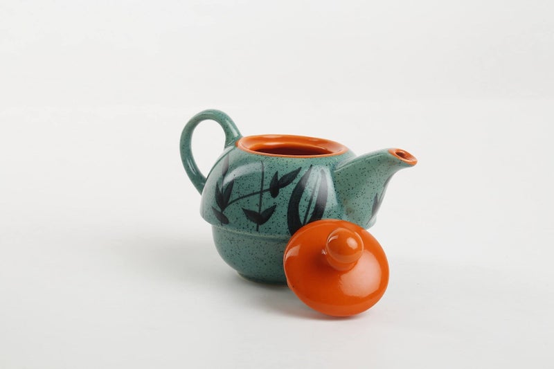 Caffeine Ceramic Handmade Green & Orange Turquoise 2 in1 Tea Set (2 Kettle and 2 Cup) 4 Pieces - Image 4