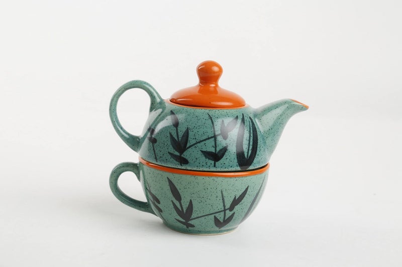 Caffeine Ceramic Handmade Green & Orange Turquoise 2 in1 Tea Set (2 Kettle and 2 Cup) 4 Pieces - Image 3