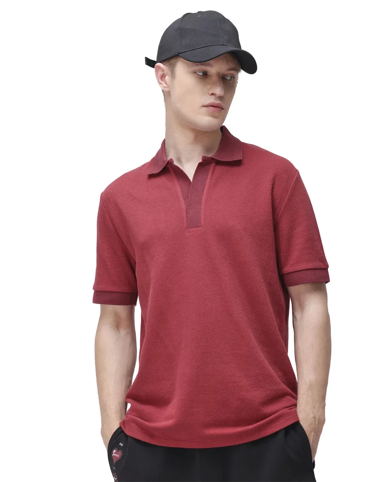 Rare Rabbit Rare Rabbit Men Marcelon Red Cotton Poly Fabric Short Sleeve Johnny Collared Jacquard Polo