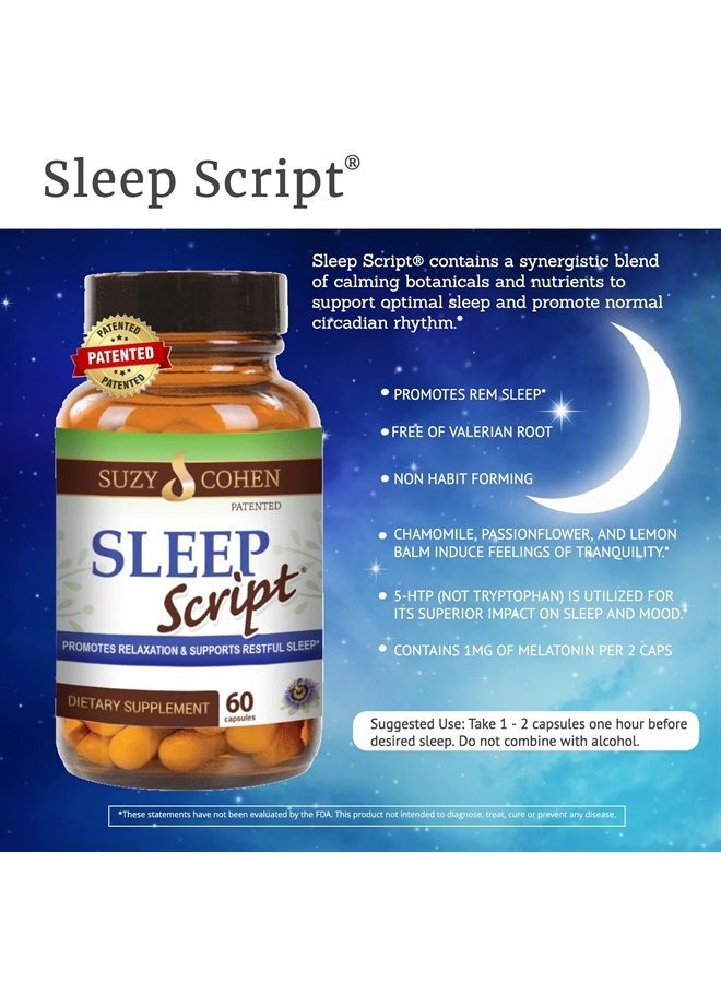 Script Essentials Suzy Cohen Sleep Script with Melatonin - Botanical Sleep and Relaxation Formula for Adults for Mood, Stress and Sleep, Contains 5-HTP, L-theanine, Passionflower, Lemon Balm and GABA 60 Capsules. - Image 3