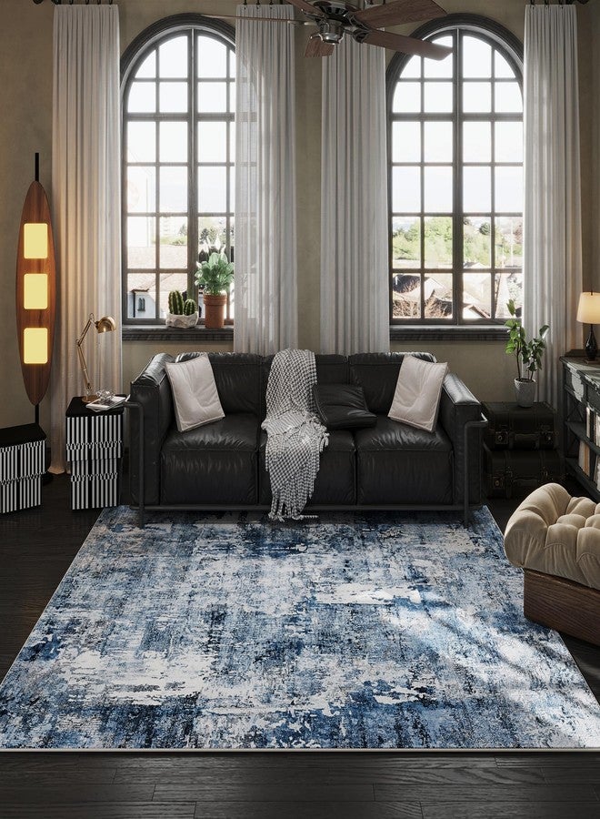Rugcomf Area Rug 5x7 Washable Rug Boho Soft Abstract Pattern Non-Slip Non-Shedding Faux Wool Vintage for Living Room, Bedroom, Farmhouse, Dining Room, Indoor, Kids Playroom, Blue - Image 4