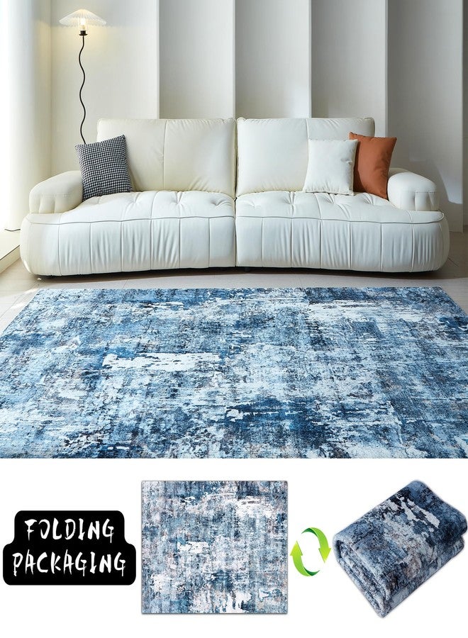 Rugcomf Area Rug 5x7 Washable Rug Boho Soft Abstract Pattern Non-Slip Non-Shedding Faux Wool Vintage for Living Room, Bedroom, Farmhouse, Dining Room, Indoor, Kids Playroom, Blue - Image 5