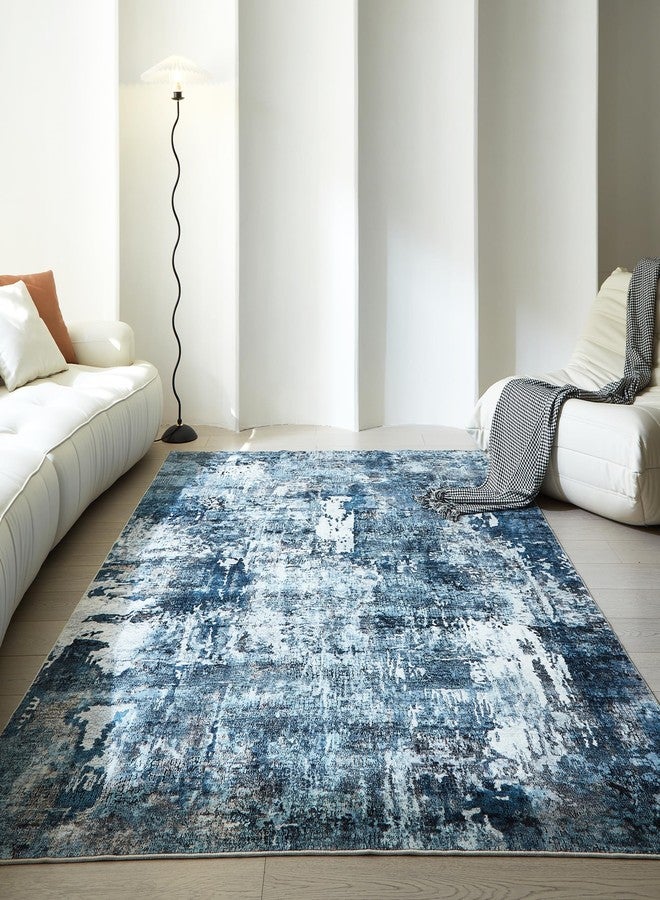 Rugcomf Area Rug 5x7 Washable Rug Boho Soft Abstract Pattern Non-Slip Non-Shedding Faux Wool Vintage for Living Room, Bedroom, Farmhouse, Dining Room, Indoor, Kids Playroom, Blue - Image 2