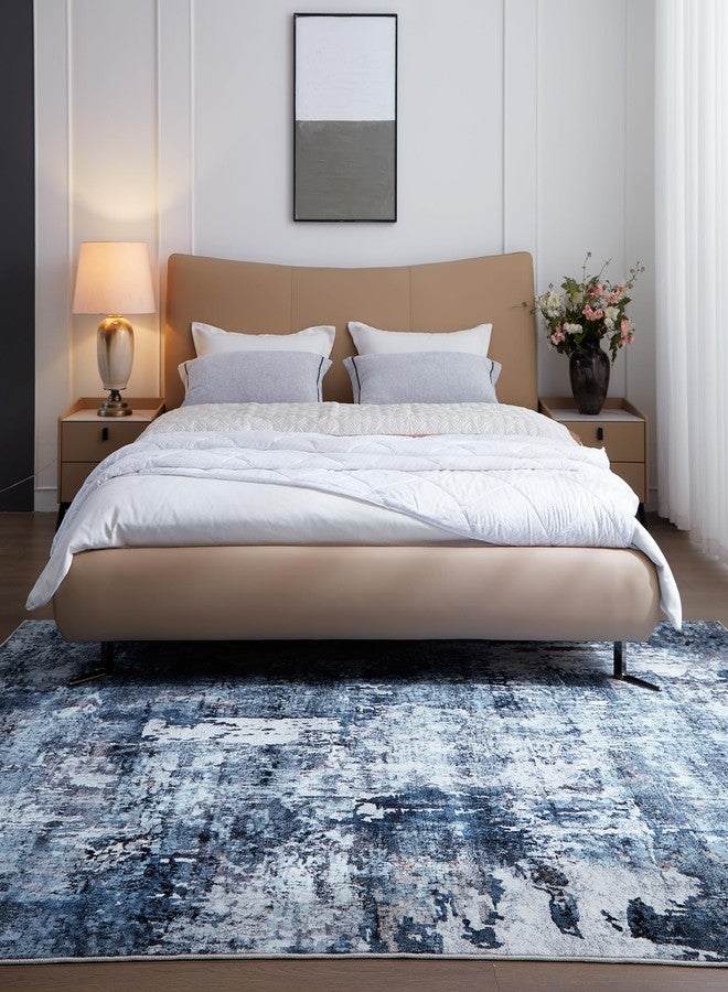Rugcomf Area Rug 5x7 Washable Rug Boho Soft Abstract Pattern Non-Slip Non-Shedding Faux Wool Vintage for Living Room, Bedroom, Farmhouse, Dining Room, Indoor, Kids Playroom, Blue - Image 3