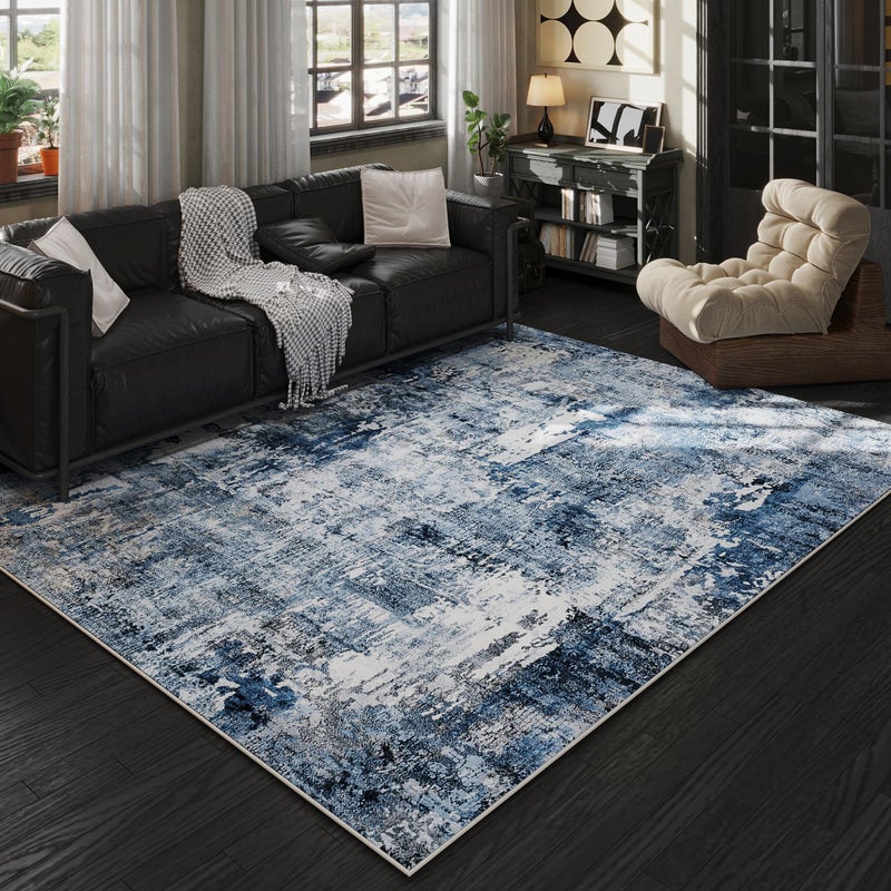 Rugcomf Area Rug 5x7 Washable Rug Boho Soft Abstract Pattern Non-Slip Non-Shedding Faux Wool Vintage for Living Room, Bedroom, Farmhouse, Dining Room, Indoor, Kids Playroom, Blue - Image 1