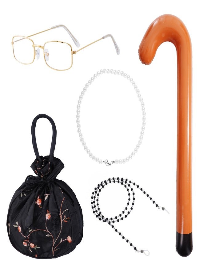 Jmkcoz 5 PCS Old Lady Costume Set Glass Eyeglass Chain Pearl Necklace Inflatable Cane Handbag for Women Girls Grandma Granny Costume Dress Up - Image 1