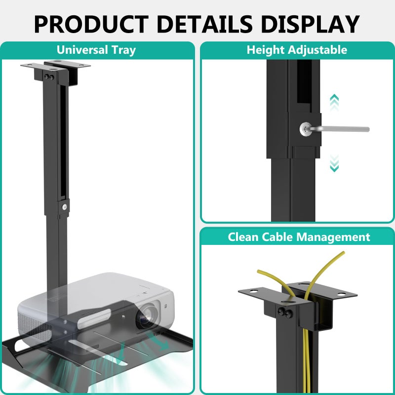 WALI Projector Ceiling Mount Tray, Height Adjustable Wall Mount Holder for Projectors, Hidden Cable Management, Fits Projectors up to 22lbs, 13.7" x 8.6" Platform, Black (PM-005-B) - Image 3