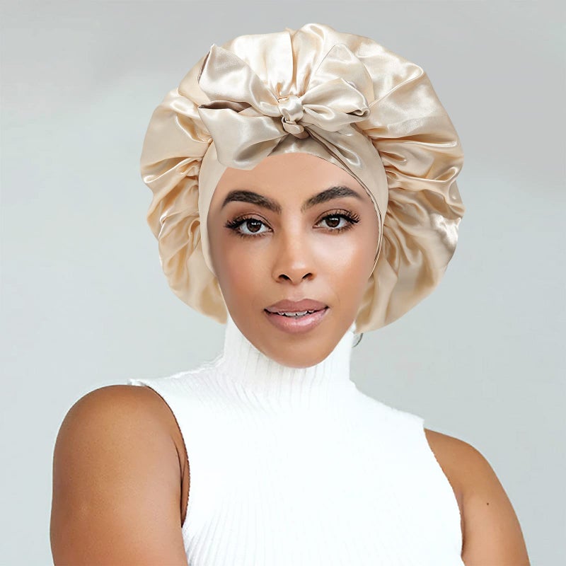 CHLINS غطاء رأس ساتان حرير للنوم مع شريط مرن للشعر المجعد - لفافة شعر حرير (قهوة + شامبانيا) - Image 2
