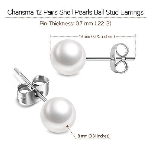 Charisma 8mm Composite Pearl Earrings Round Ball Pearls Stud Earrings Hypoallergenic 12 Pairs Imitation Pearl Earrings Set for Women - Image 4