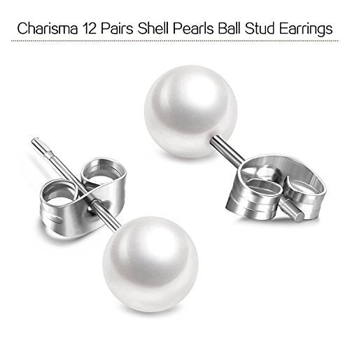 Charisma 8mm Composite Pearl Earrings Round Ball Pearls Stud Earrings Hypoallergenic 12 Pairs Imitation Pearl Earrings Set for Women - Image 2