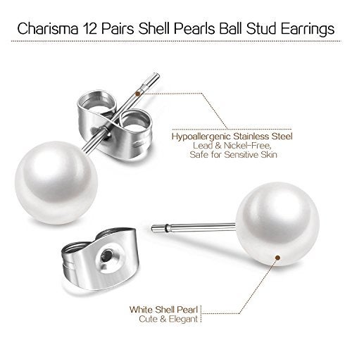 Charisma 8mm Composite Pearl Earrings Round Ball Pearls Stud Earrings Hypoallergenic 12 Pairs Imitation Pearl Earrings Set for Women - Image 3
