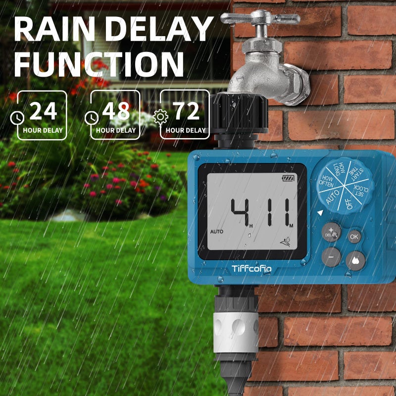 TiFFCOFiO Sprinkler Timer Outdoor, Digital Pogrammable for Garden Hose, Irrigrtion Timer with Rain Delay and Manual Mode (1 Pack) - Image 4