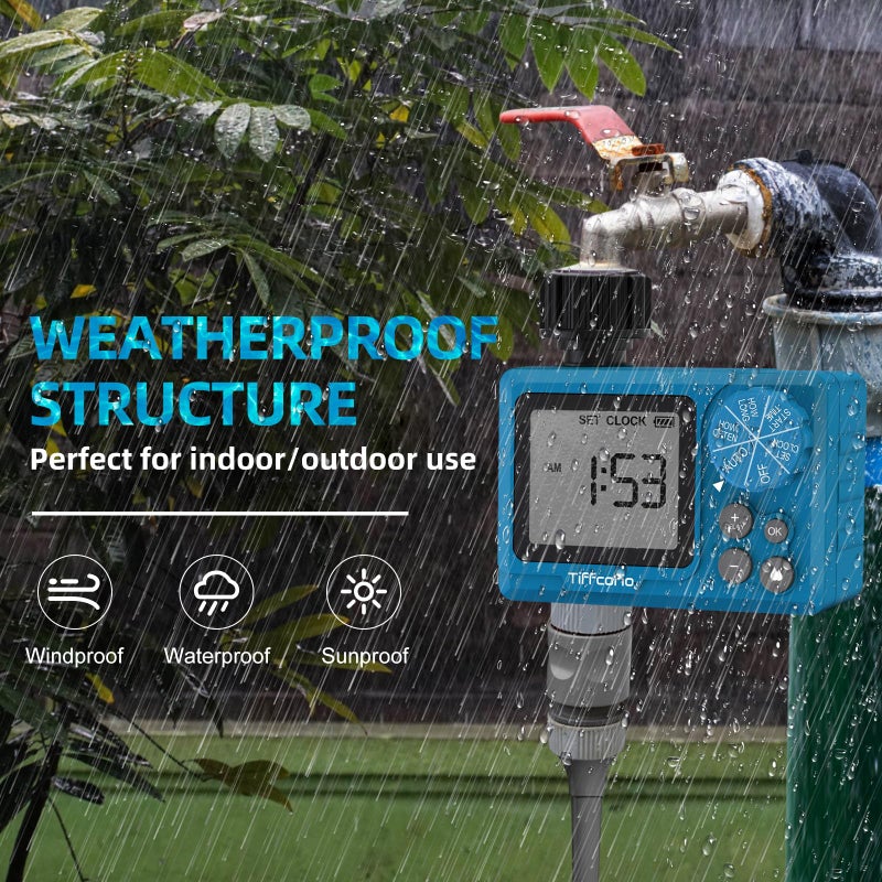 TiFFCOFiO Sprinkler Timer Outdoor, Digital Pogrammable for Garden Hose, Irrigrtion Timer with Rain Delay and Manual Mode (1 Pack) - Image 5